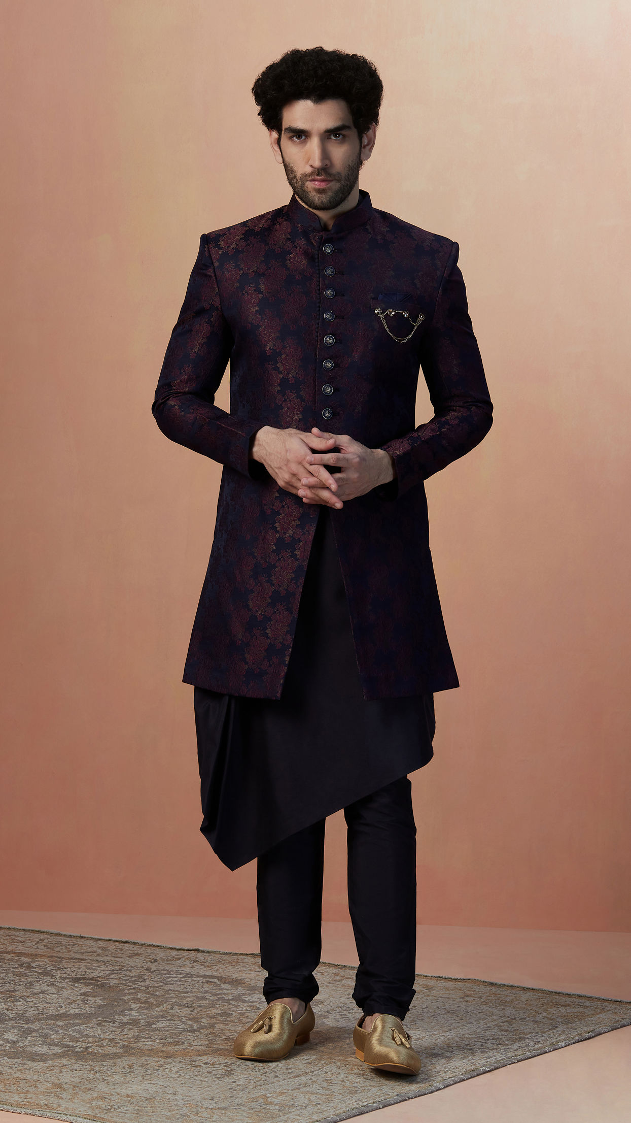 alt message - Manyavar Men Dark Blue And Maroon Self Design Draped Indo Western image number 1